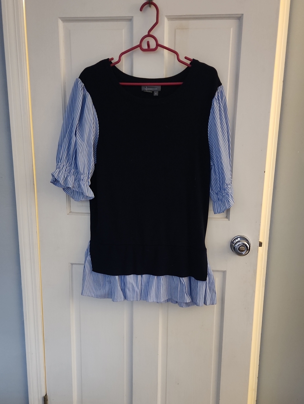 Layered Navy Knit Top with Blue Stripe Sleeve and Hem